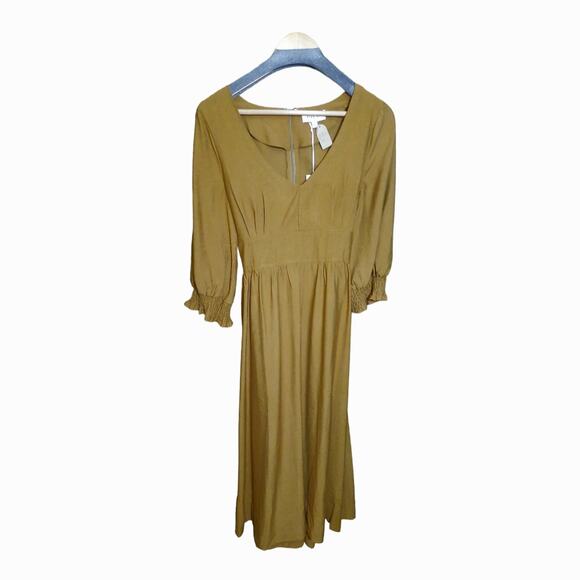 Gilli Womens Tie Waist Smocked Camel Colored Midi Dress Size Medium NWT - Picture 1 of 6